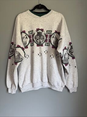 VTG 90s Art Unlimited All Over Print Wolf Sweatshirt Double Collar Pockets XL